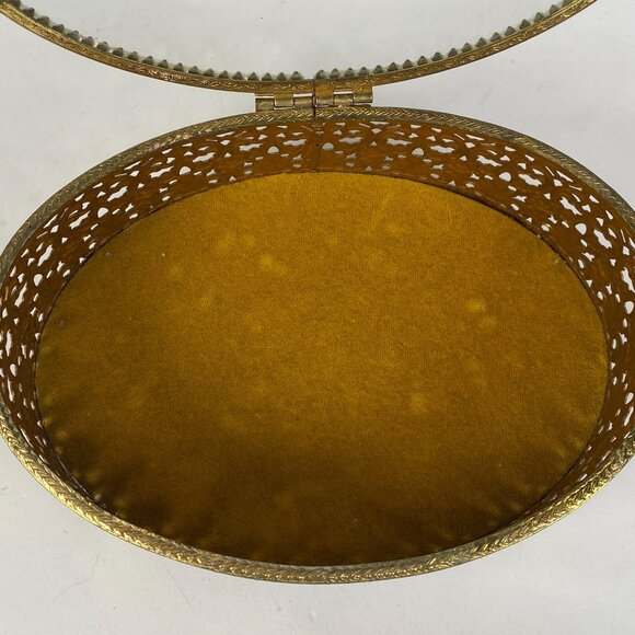 Vintage Hollywood Regency Gold Filigree Ormolu Jewelry Box Oval Glass Hinged Lid - Picture 8 of 11